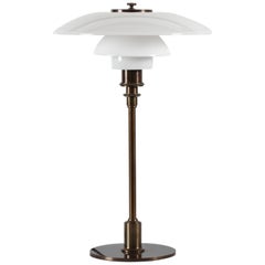 Danish Poul Henningsen Table Lamp PH 3/2 with Brown Brass and White Glass, 1994