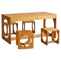 Danish Prototype Pine Dining Table with Four Nesting Stools, 1970s