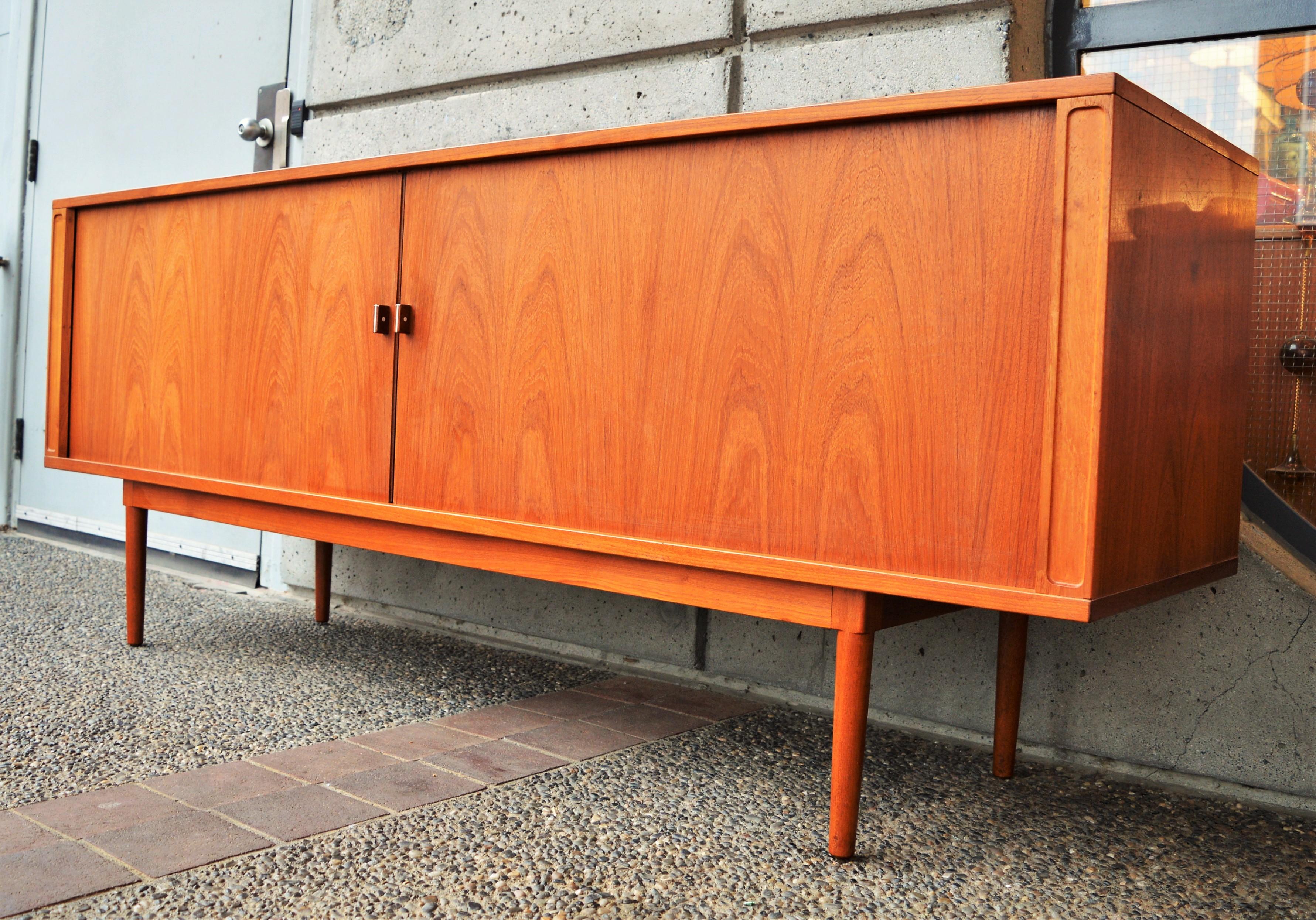 Mid-20th Century Danish Quality Peter Lovig Nielsen Teak Tambour Credenza/Sideboard Finished Back For Sale