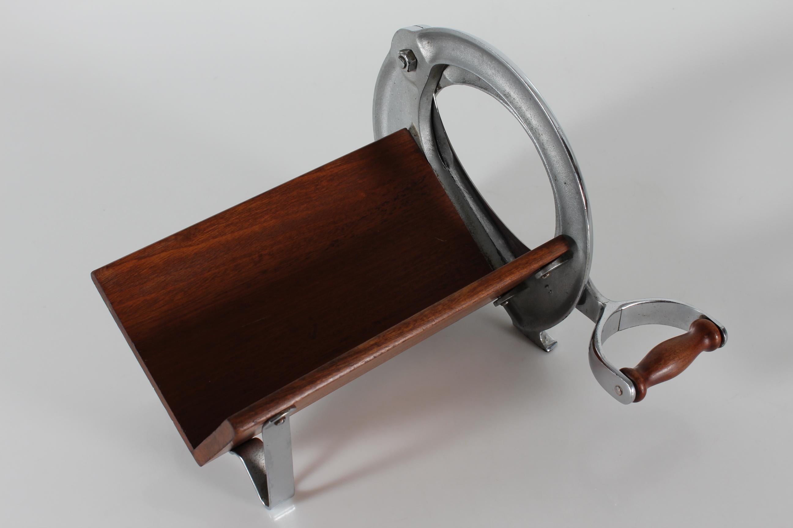 Steel Danish Raadvad Bread Slicer Model 294 Long Version Chromium and Mahogany 1950s For Sale