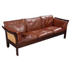 Danish Rattan Brown Leather Sofa by Georg Thams