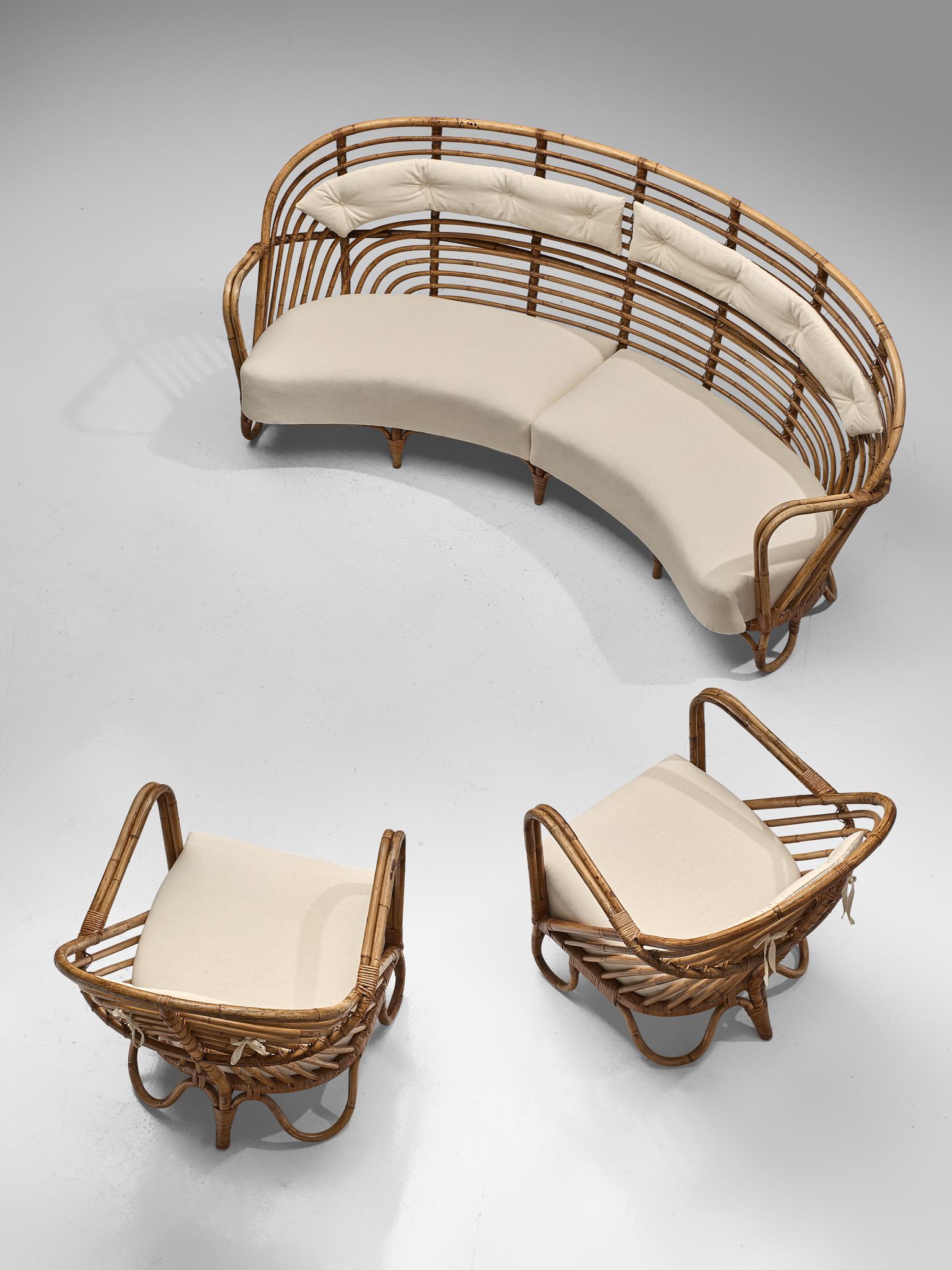 Danish Rattan Lounge Set with Eggshell White Upholstery, 1940s (Skandinavische Moderne)