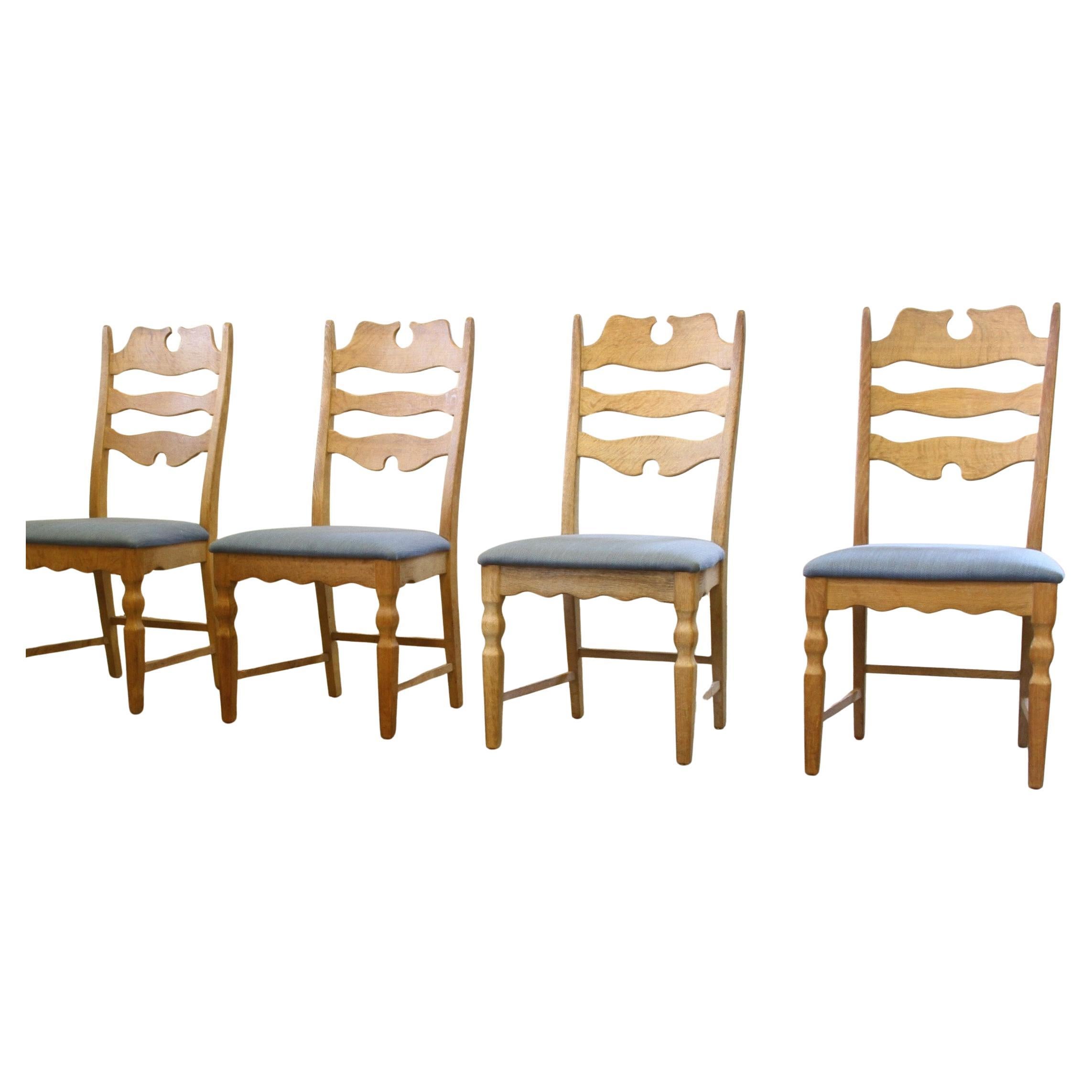 Danish Razorblade Highback Chairs in Light Oak by Henning Kjærnulf, 1960s, Set 4