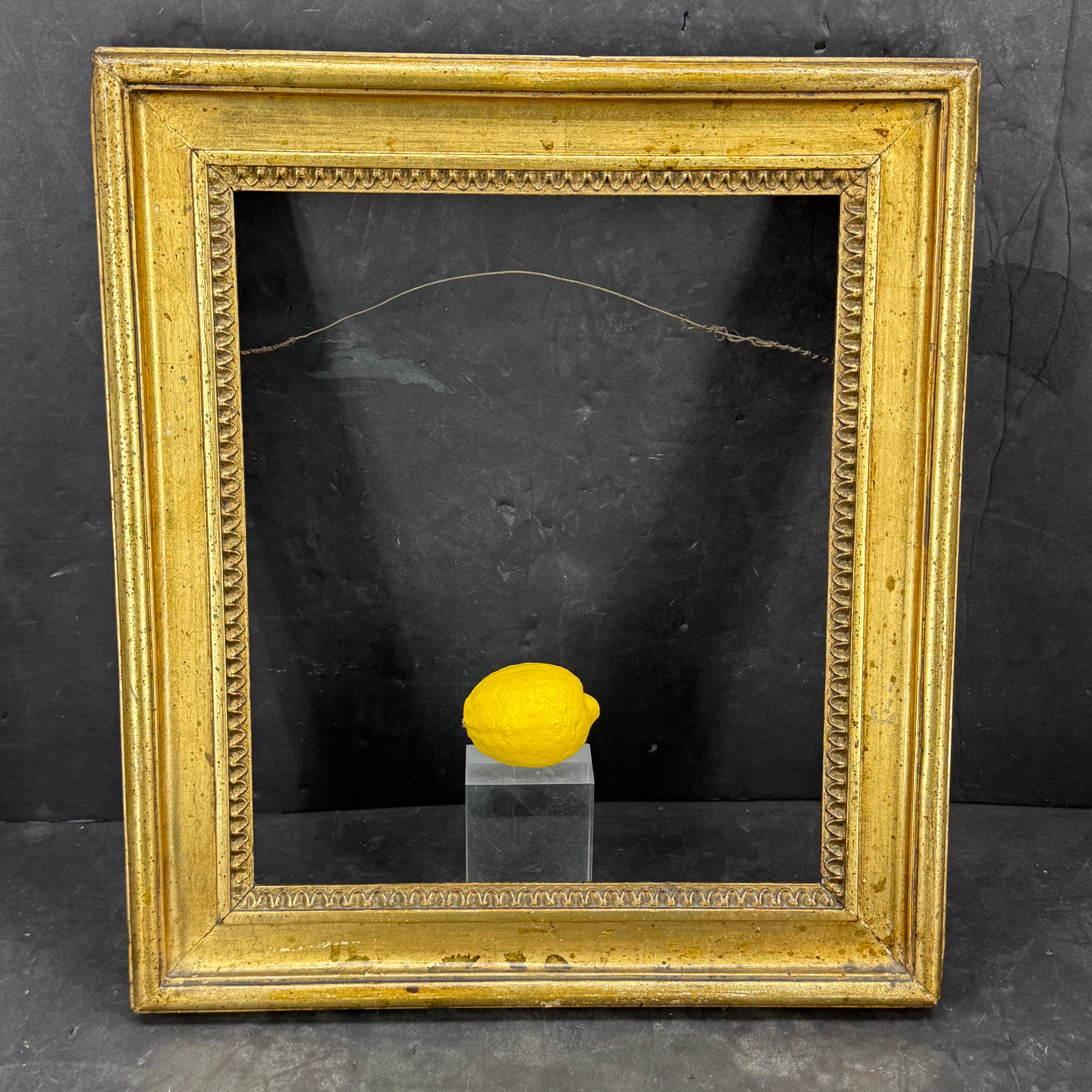 Impressive Danish gilt gold art frame found in a market in Denmark. Perfect piece for that special oil painting or watercolor. The frame has wonderful patina throughout and would look fantastic alone or part of a grouping on a gallery wall. 
Inside