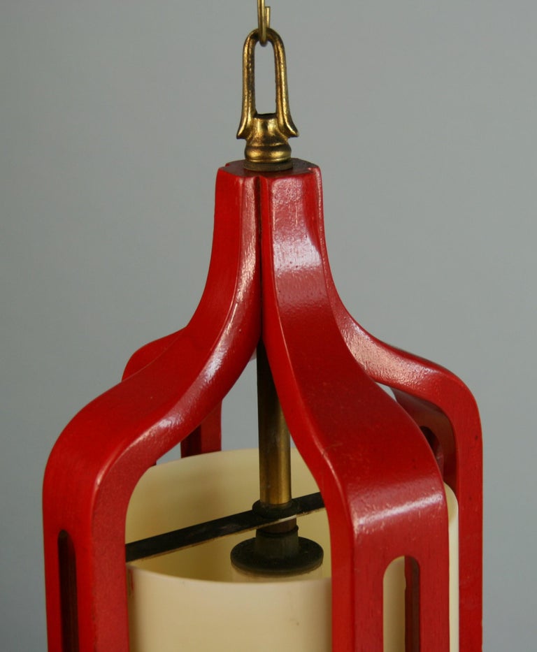 Mid Century Danish Red Painted Wood Pendant In Good Condition For Sale In Douglas Manor, NY