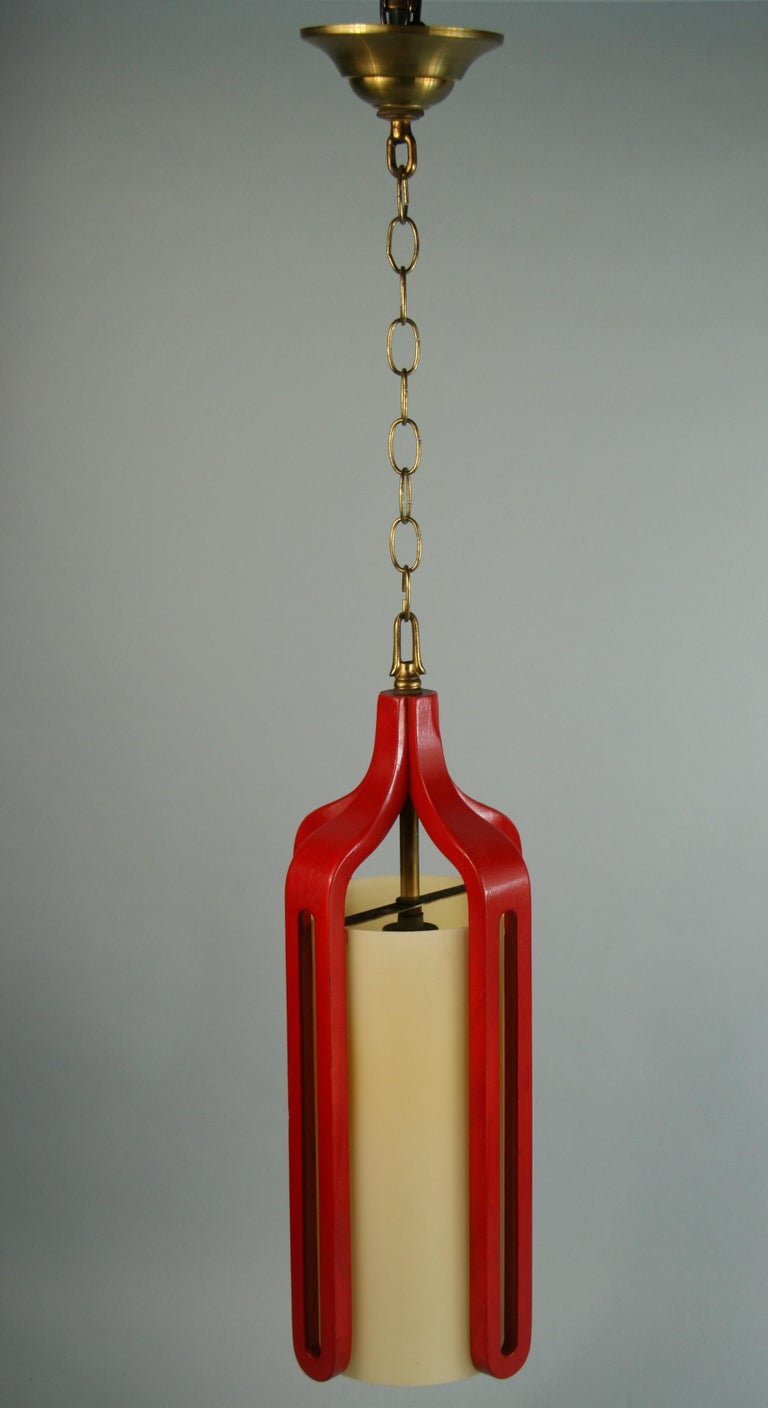 Mid Century Danish Red Painted Wood Pendant For Sale 2
