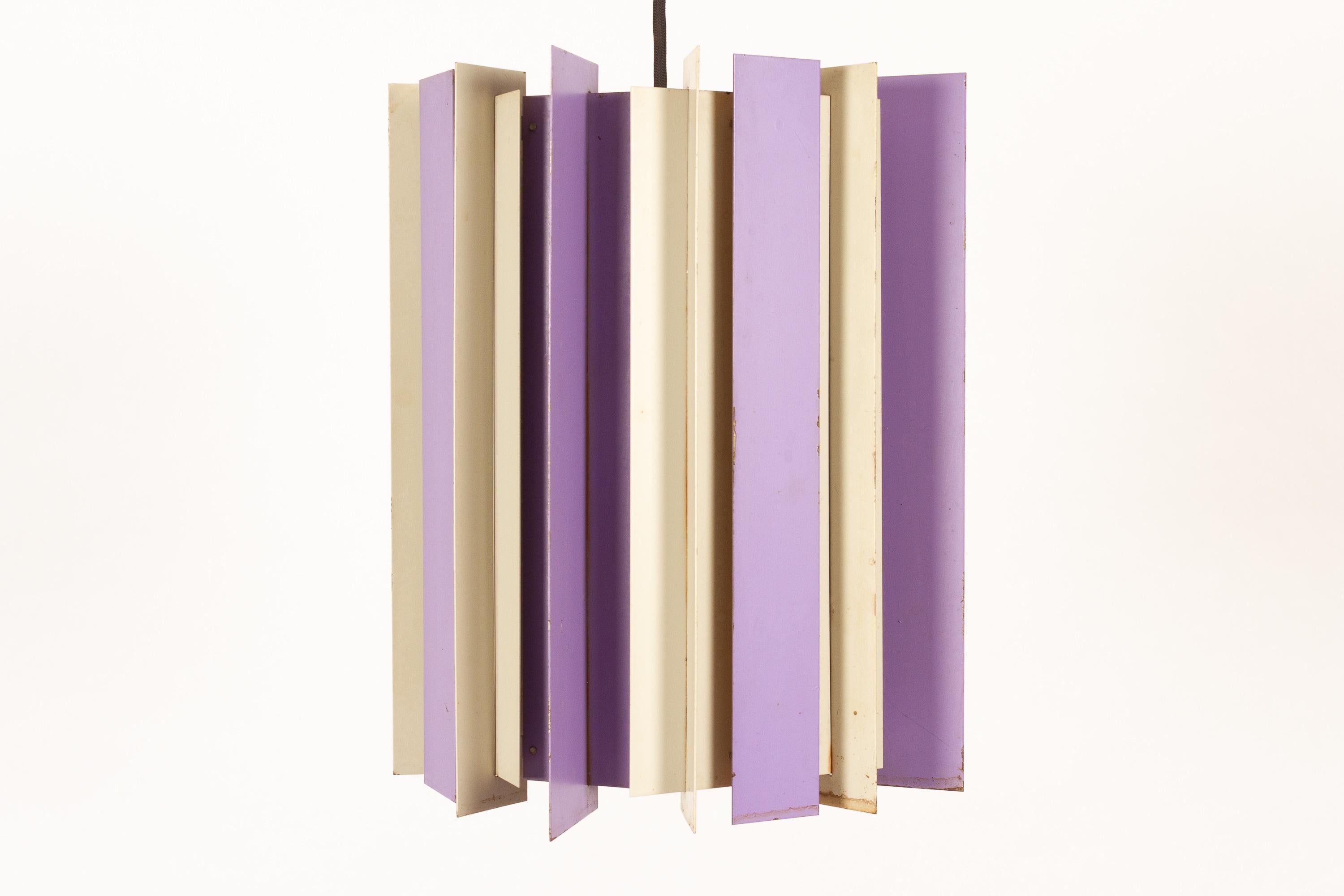 Danish retro ceiling pendant by Lyfa 1960s
Vintage ceiling lamp with vertical metal slats in purple, orange and white. 
Great patina, with some rust. E27 socket.