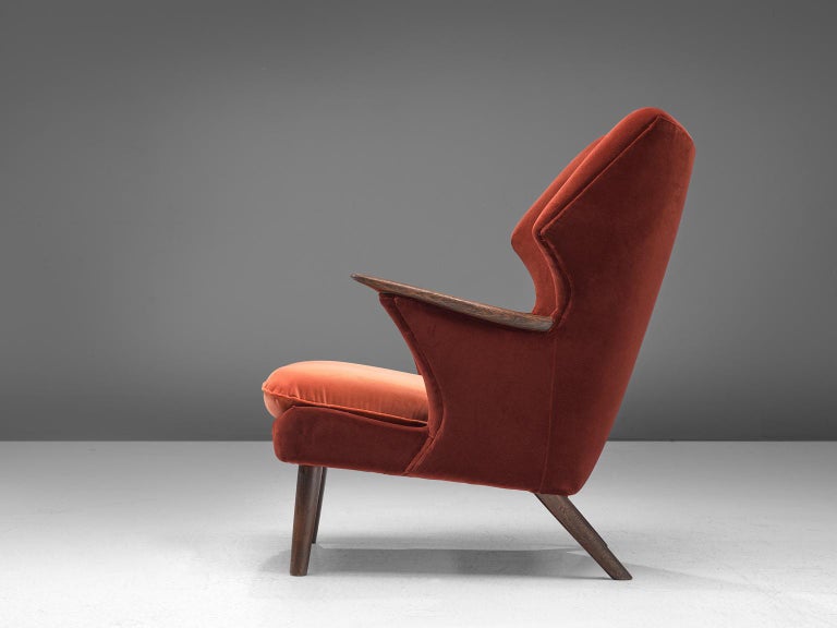 Danish Reupholstered Wing Back Chair in Vermilion Red Velvet of Dedar