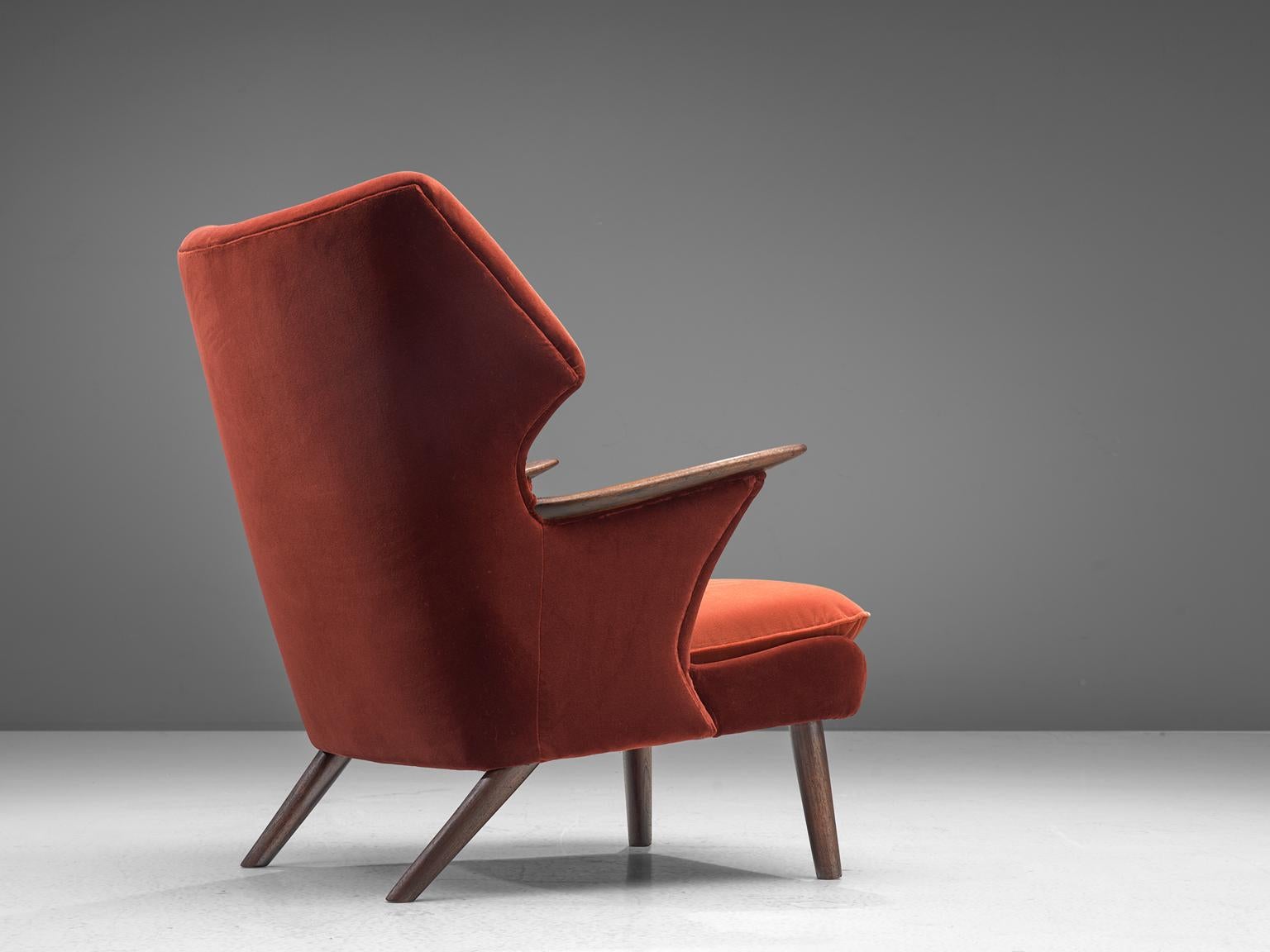 Mid-Century Modern Danish Reupholstered Wing Back Chair in Vermilion Red Velvet of Dedar