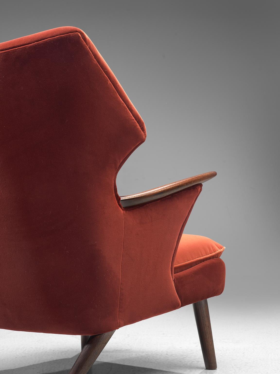 Danish Reupholstered Wing Back Chair in Vermilion Red Velvet of Dedar In Good Condition In Waalwijk, NL