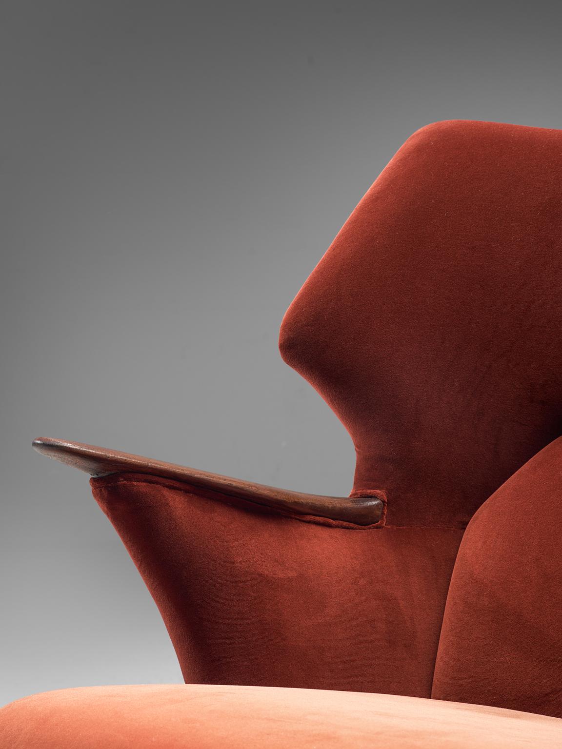 Mid-20th Century Danish Reupholstered Wing Back Chair in Vermilion Red Velvet of Dedar