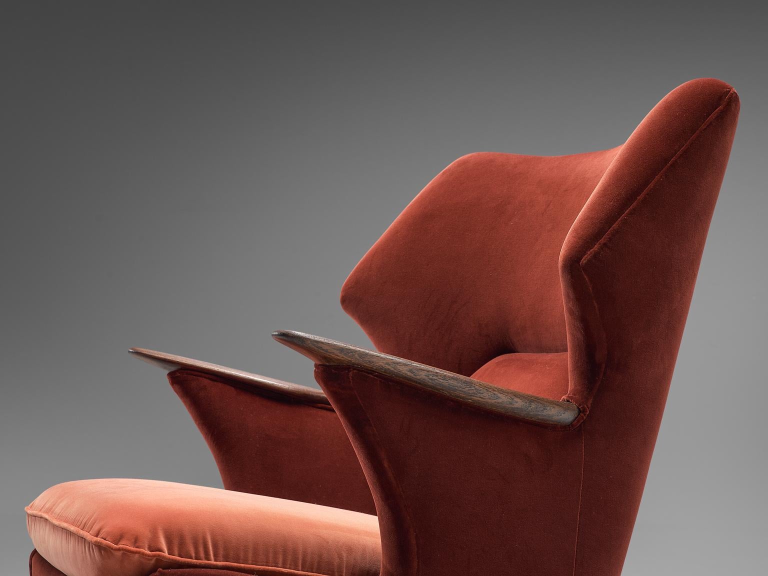 Danish Reupholstered Wing Back Chair in Vermilion Red Velvet of Dedar 1
