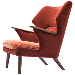 Danish Reupholstered Wing Back Chair in Vermilion Red Velvet of Dedar