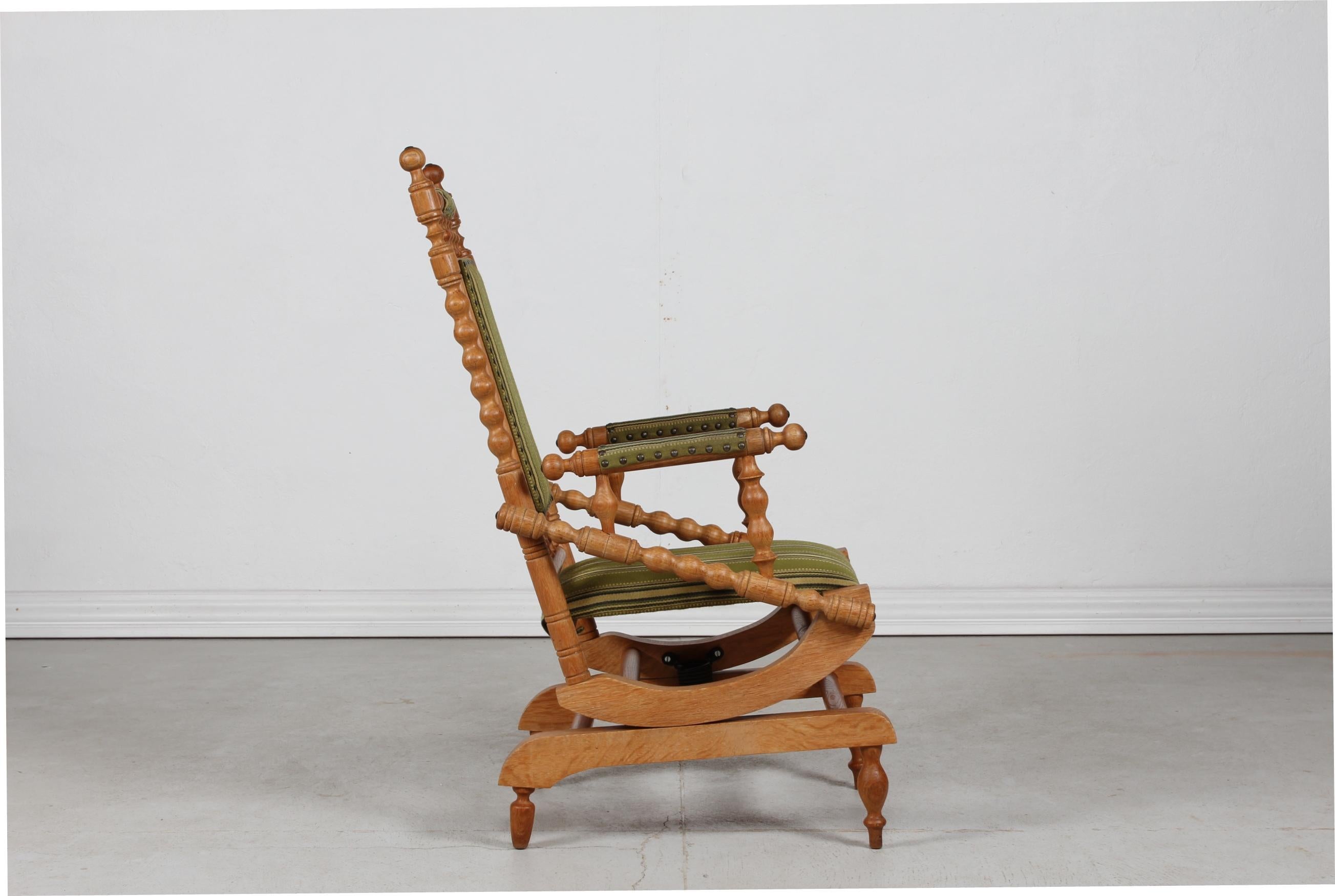Turned Danish Rocking Chair in the manner of Henning Kjærnulf Solid Oak + Wool 1970s For Sale