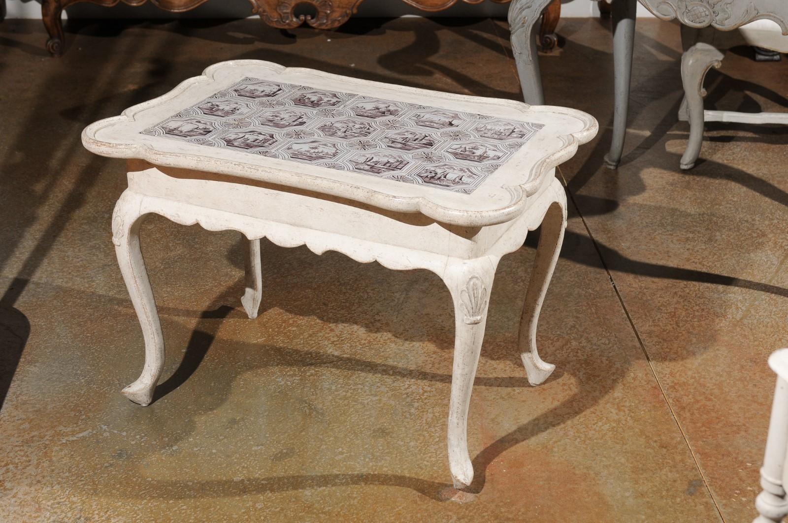 Danish Rococo Style Painted Table with Tiles, Cabriole Legs and Carved Apron In Good Condition In Atlanta, GA