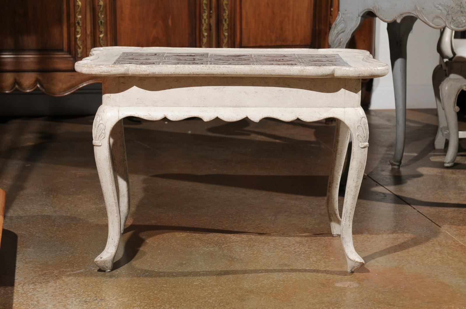 20th Century Danish Rococo Style Painted Table with Tiles, Cabriole Legs and Carved Apron