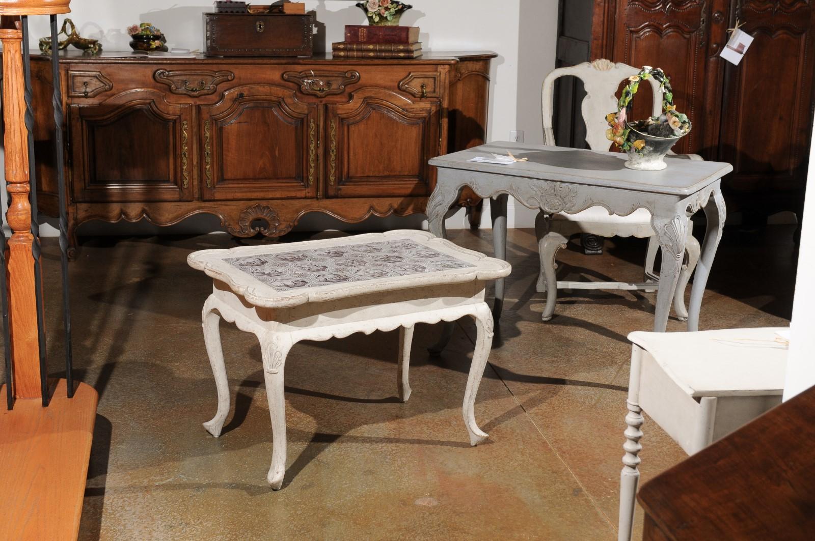 Danish Rococo Style Painted Table with Tiles, Cabriole Legs and Carved Apron 2