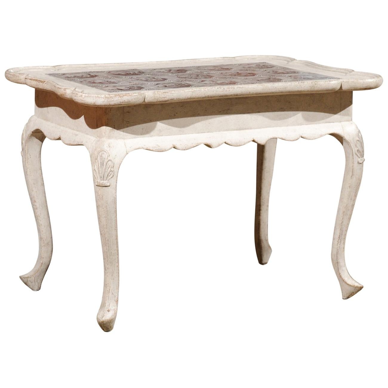 Danish Rococo Style Painted Table with Tiles, Cabriole Legs and Carved Apron