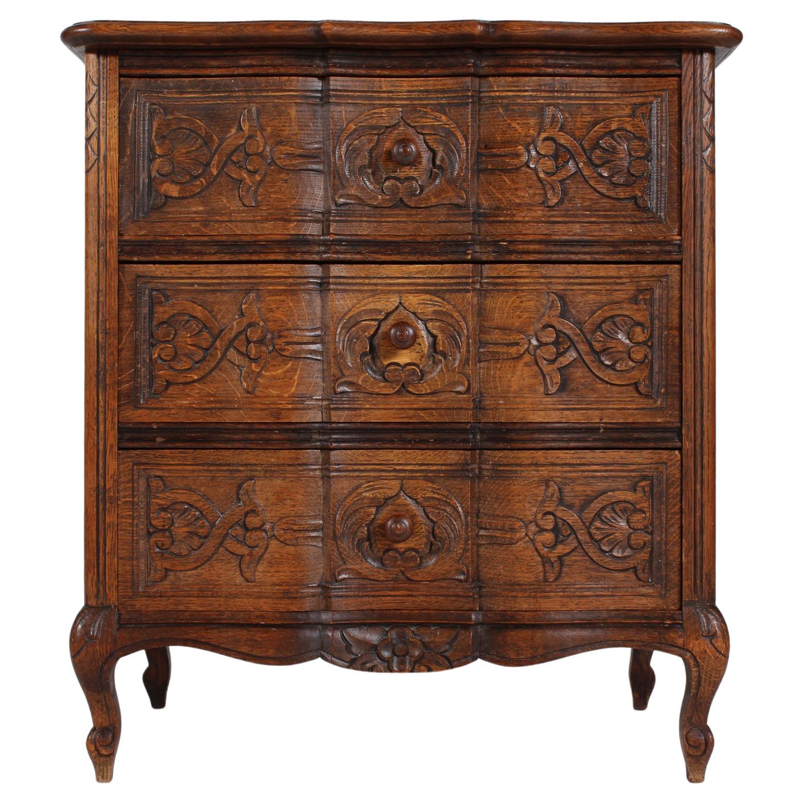 Danish Rococo Style Small Hand Carved Chest of Drawers of Oak 1940s For Sale