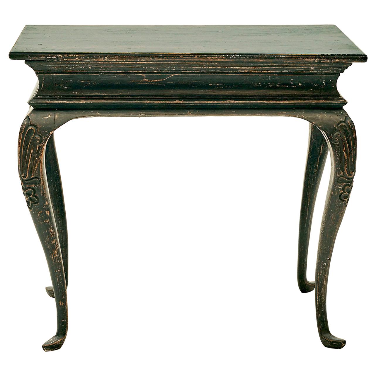 Danish Rococo Table Black Painted Pine on Four Cabriole Legs