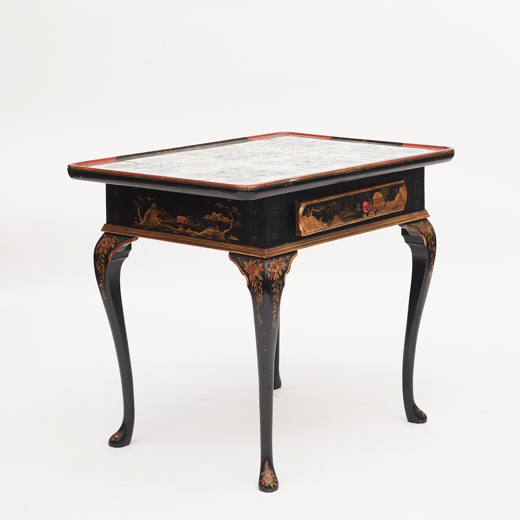 Painted Danish Rococo Tile-Top Table with Chinese Motifs