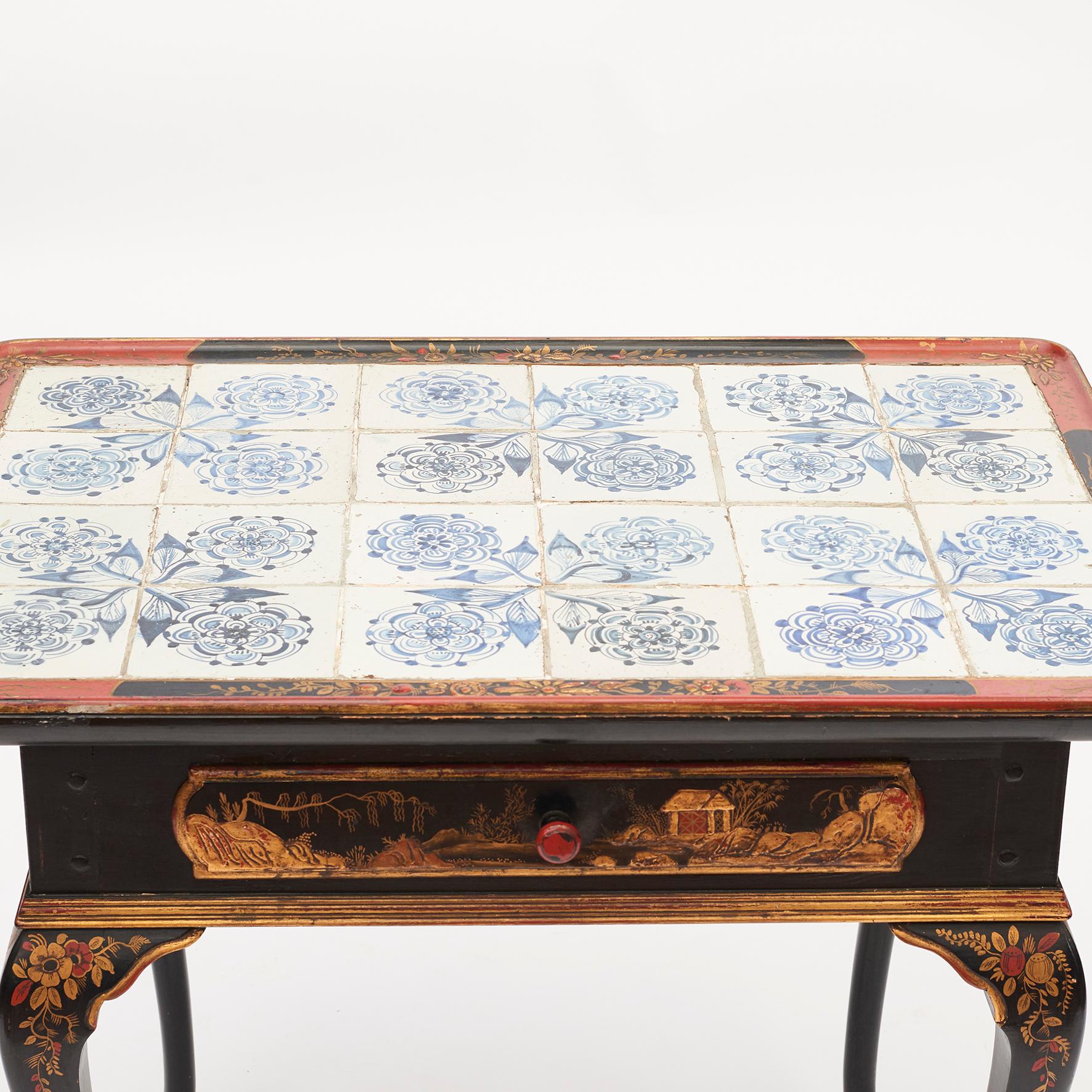 Beech Danish Rococo Tile-Top Table with Chinese Motifs