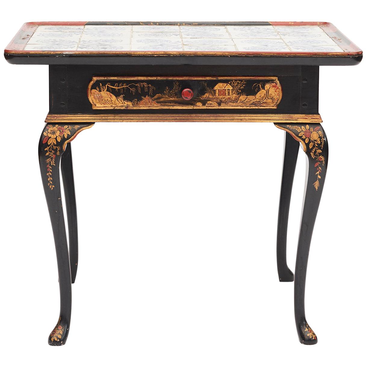 Danish Rococo Tile-Top Table with Chinese Motifs