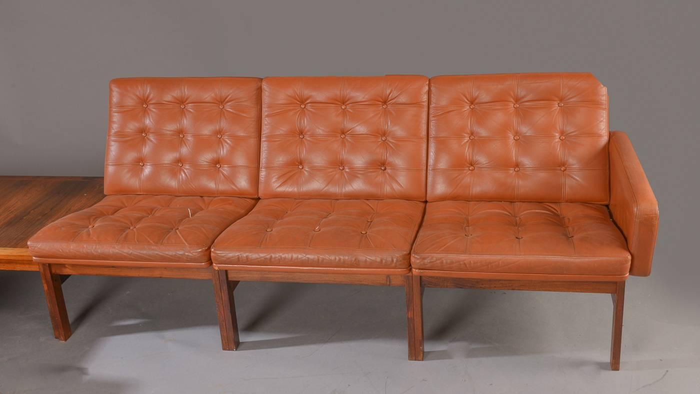 Danish Rosewood and Leather Corner Sofa with Armchair and Table In Distressed Condition For Sale In London, GB