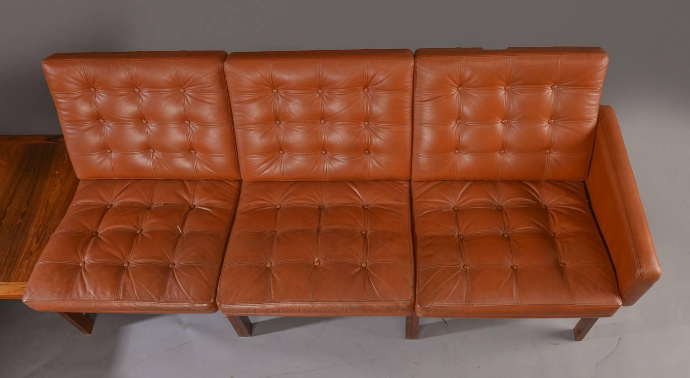 Mid-20th Century Danish Rosewood and Leather Corner Sofa with Armchair and Table For Sale