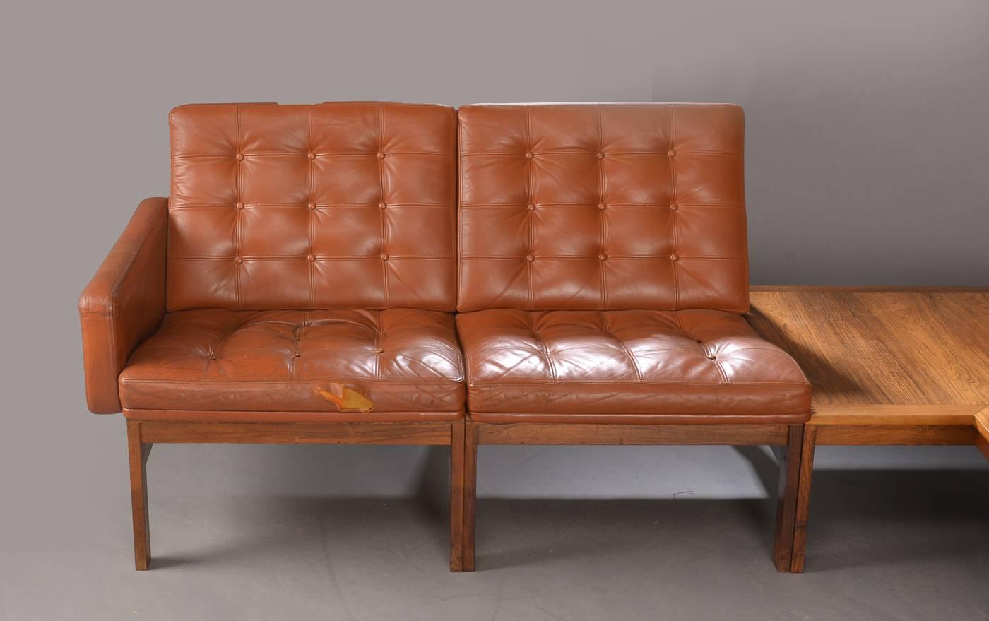 Danish Rosewood and Leather Corner Sofa with Armchair and Table For Sale 1