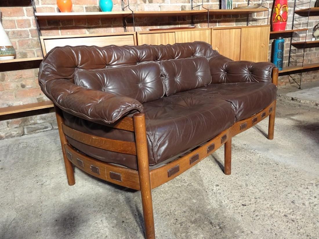 Mid-Century Modern Danish Teak Arne Norell Brown Vintage Retro 1960's Leather Sofa