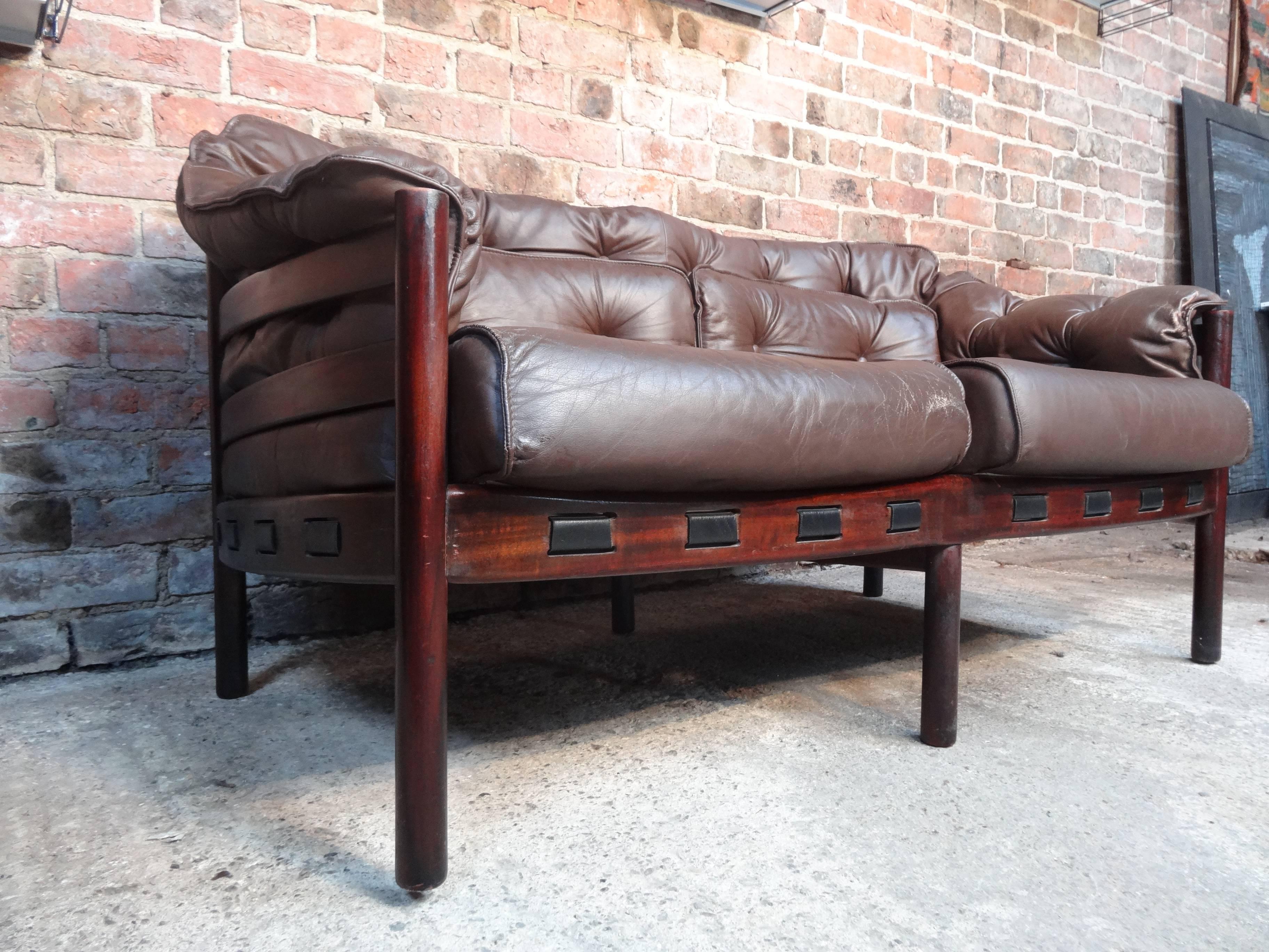 Mid-Century Modern Danish Arne Norell Brown Vintage Retro 1960's two seater Leather Sofa