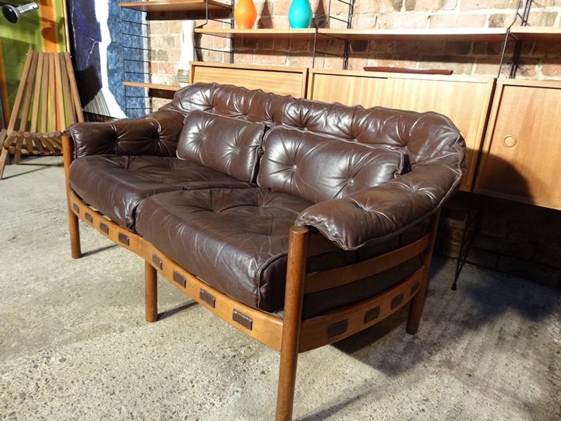 Danish Teak Arne Norell Brown Vintage Retro 1960's Leather Sofa In Good Condition In Markington, GB
