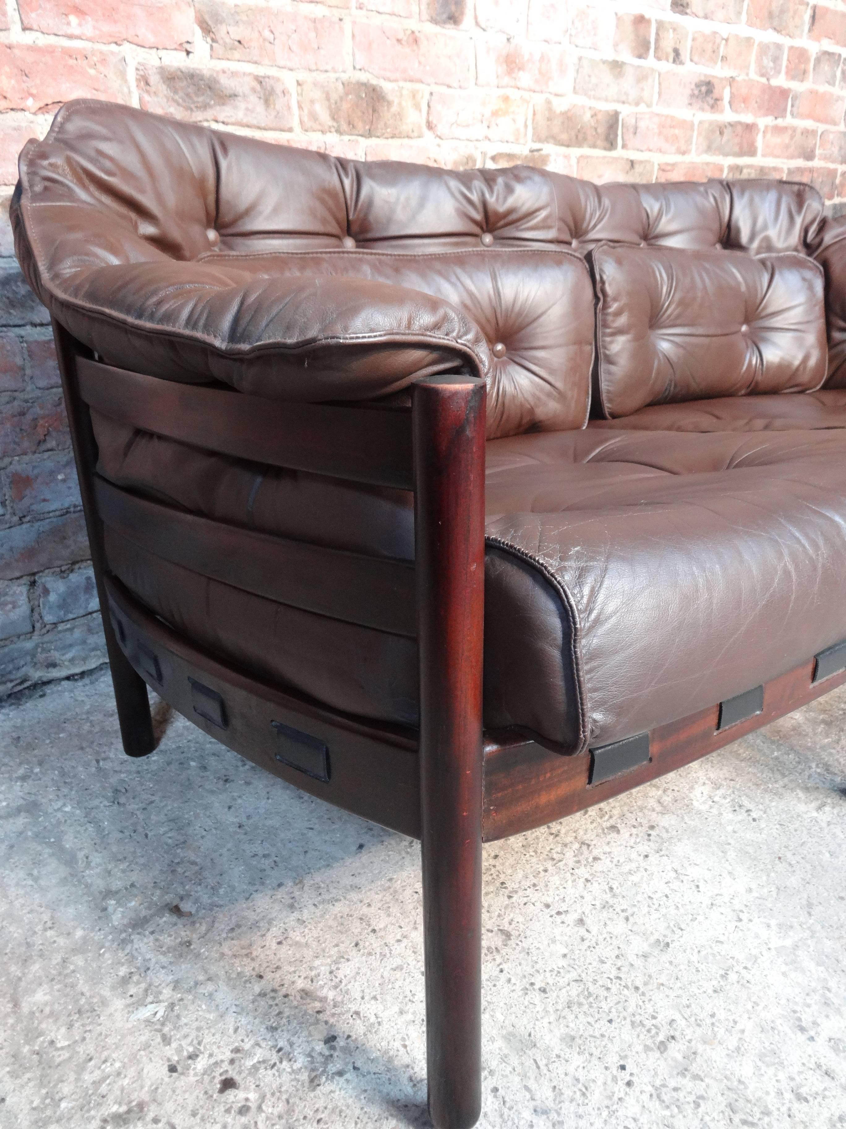 Danish Arne Norell Brown Vintage Retro 1960's two seater Leather Sofa In Good Condition In Markington, GB