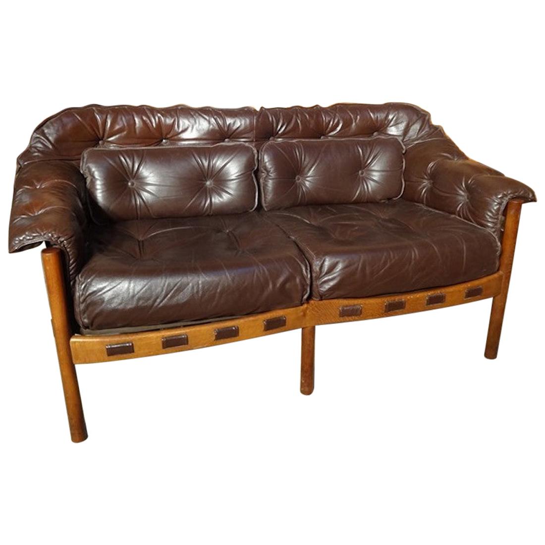 Danish Teak Arne Norell Brown Vintage Retro 1960's Leather Sofa