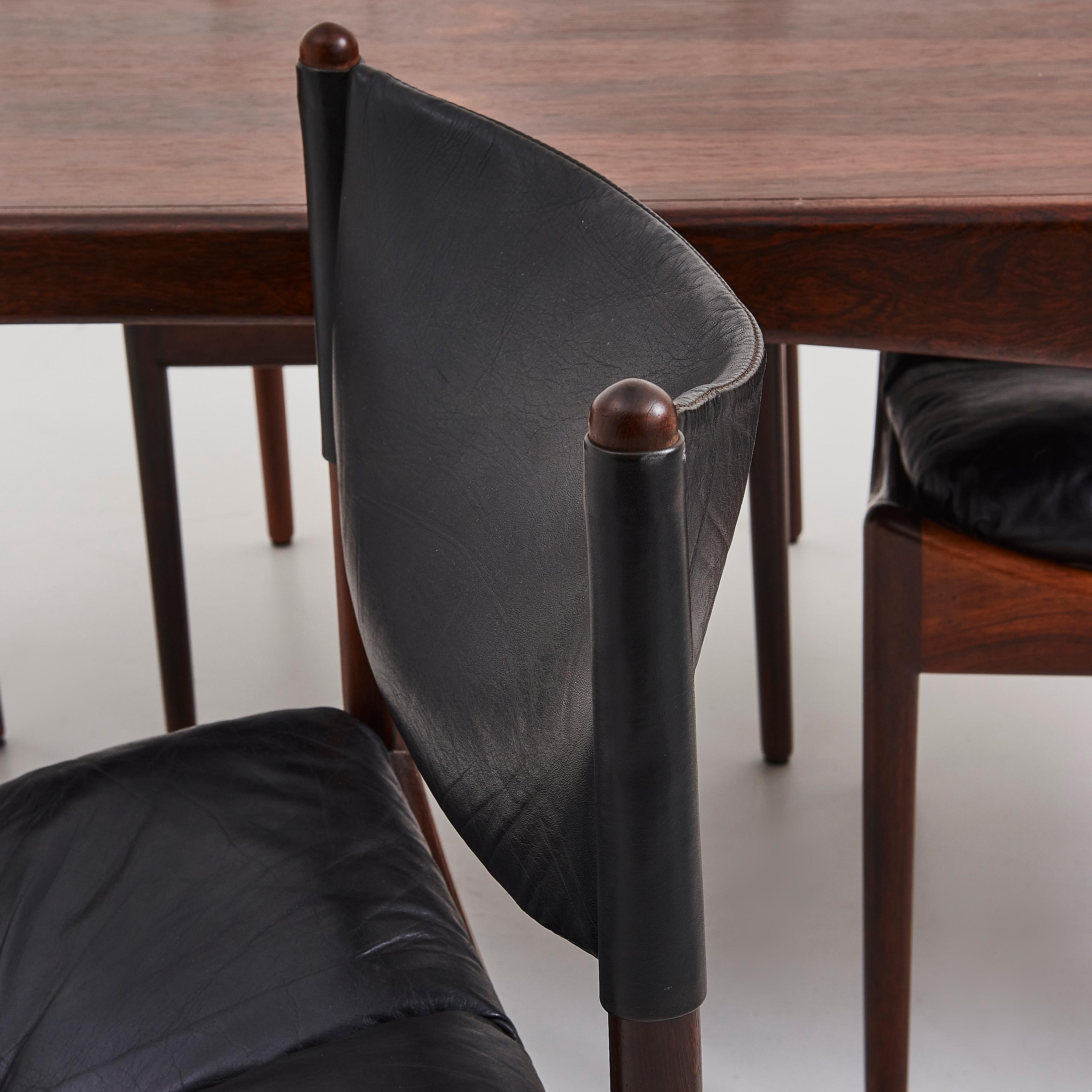 Danish Rosewood & Black Leather Dining Chairs & Table By Kristian Solmer Vedel For Sale 6