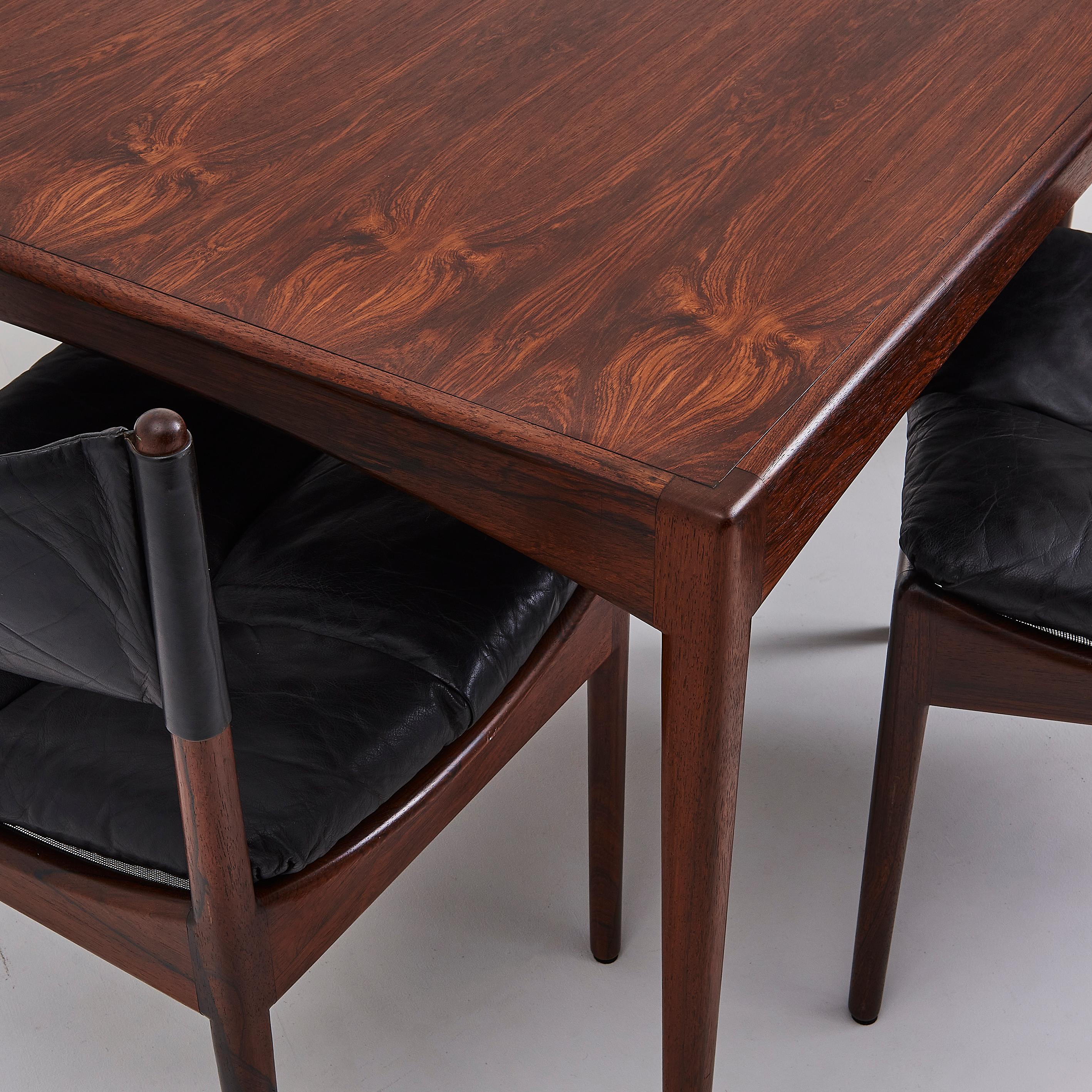 Danish Rosewood & Black Leather Dining Chairs & Table By Kristian Solmer Vedel In Good Condition For Sale In London, GB