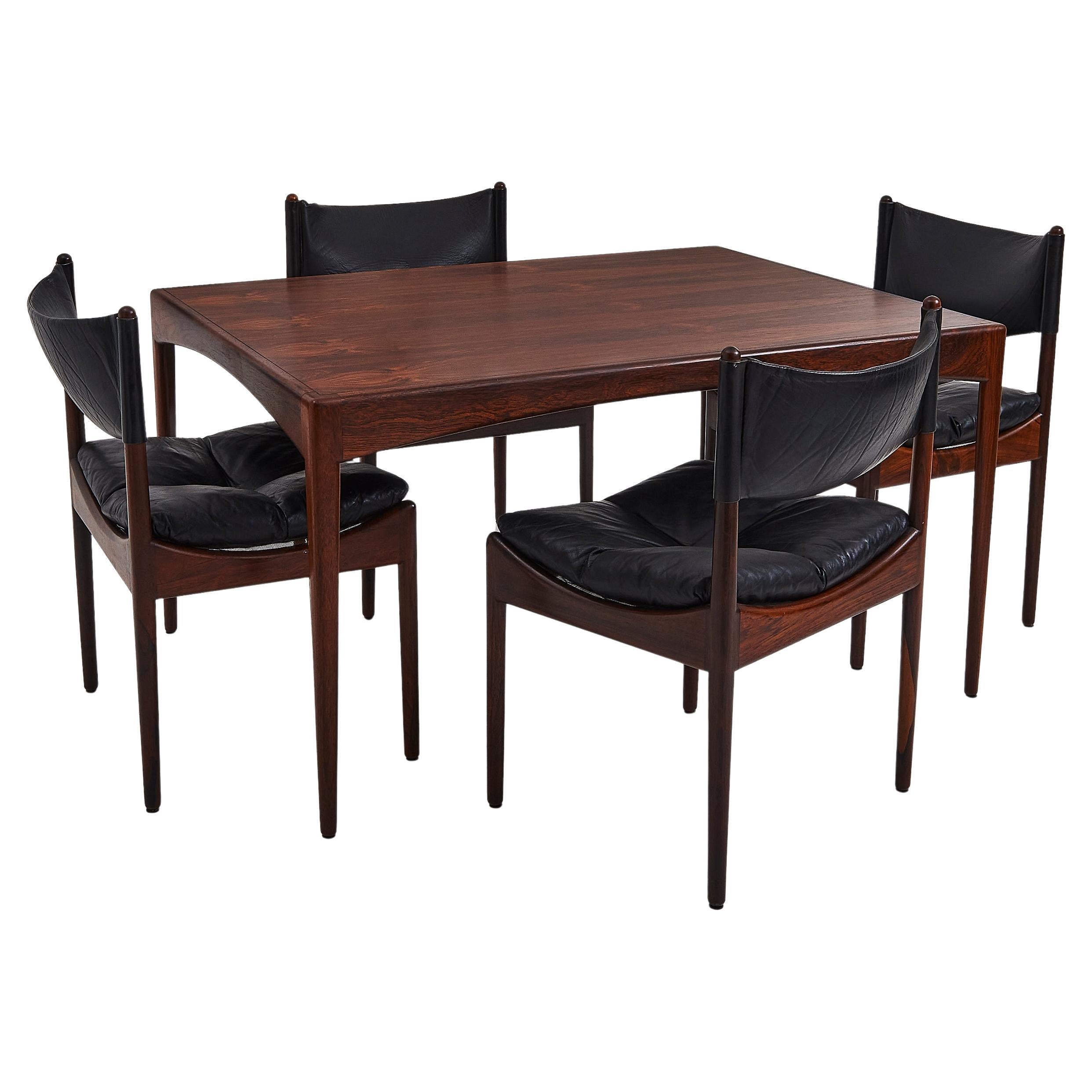 Danish Rosewood & Black Leather Dining Chairs & Table By Kristian Solmer Vedel For Sale