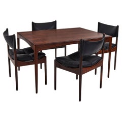 Mesa y sillas de comedor danesas de palisandro y cuero negro de Kristian Solmer Vedel