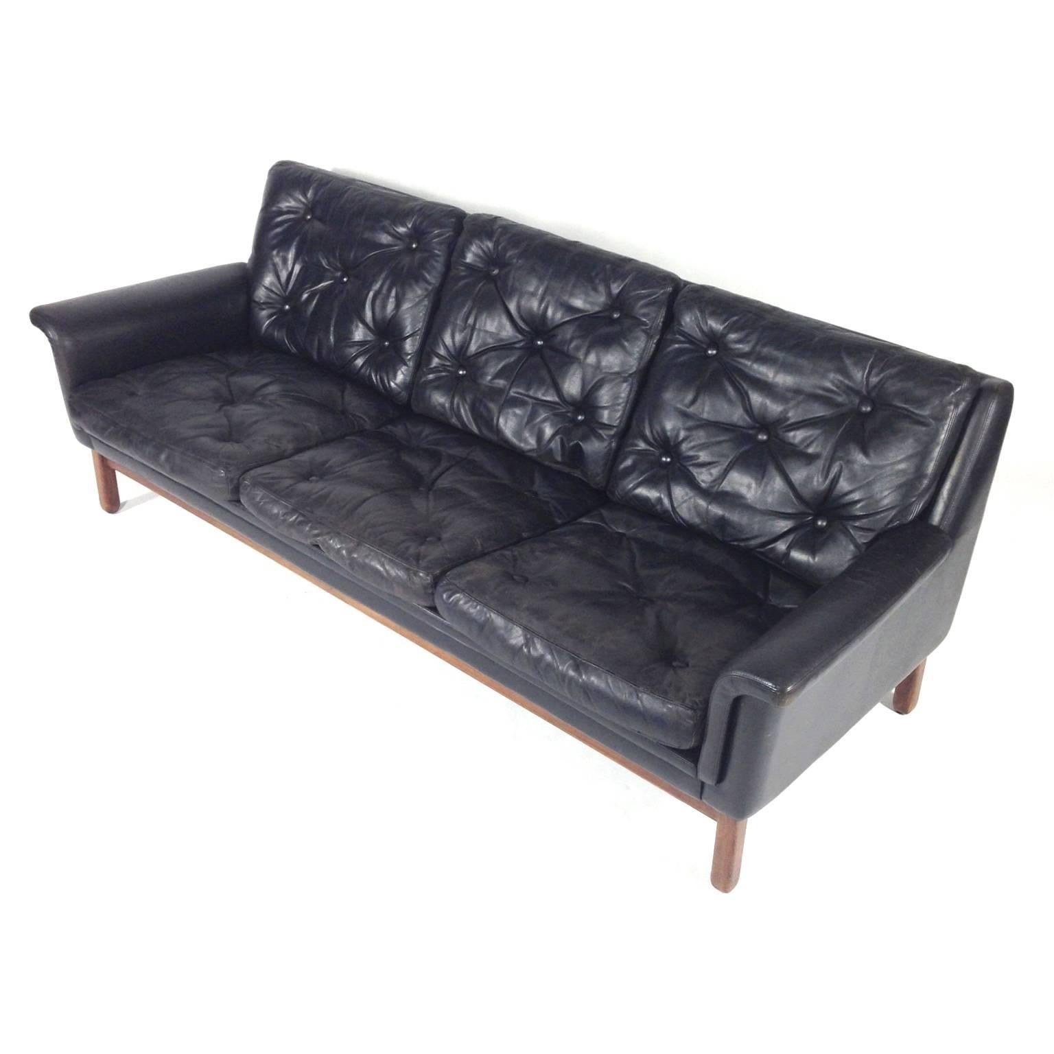 Mid-Century Modern Danish Rosewood Black Leather Three-Seat Sofa, Denmark, 1950s-1960s
