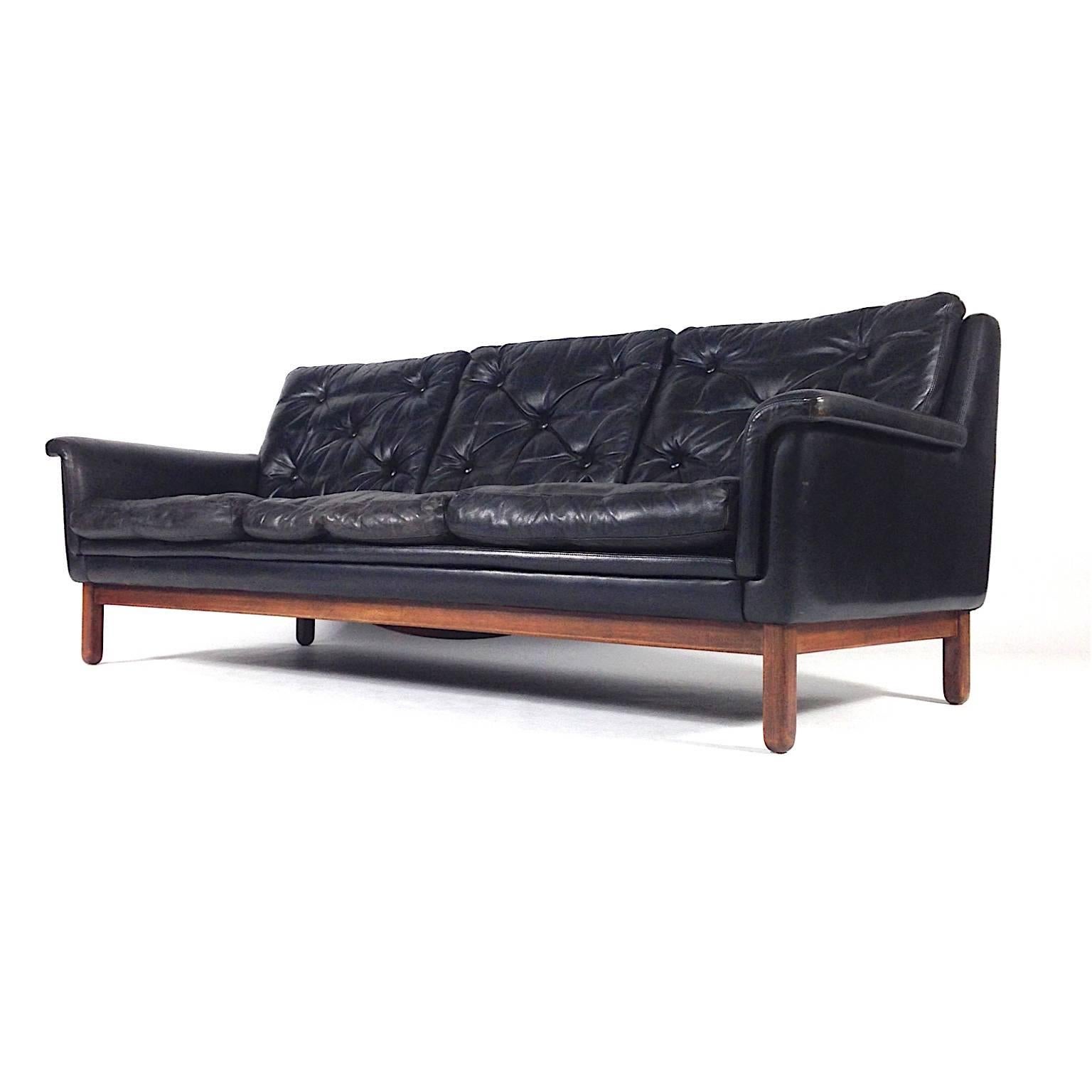 Danish Rosewood Black Leather Three-Seat Sofa, Denmark, 1950s-1960s 1