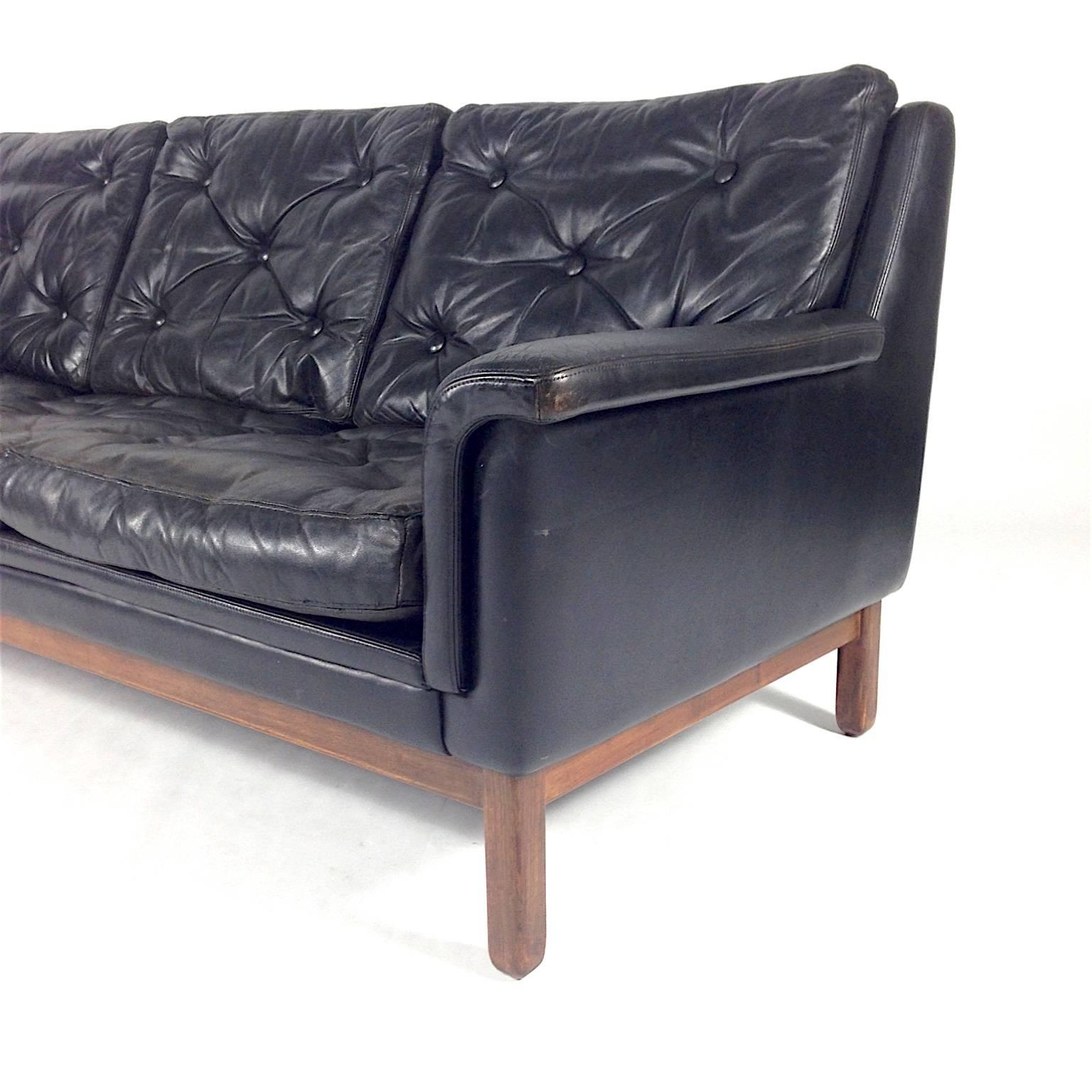 Danish Rosewood Black Leather Three-Seat Sofa, Denmark, 1950s-1960s 2