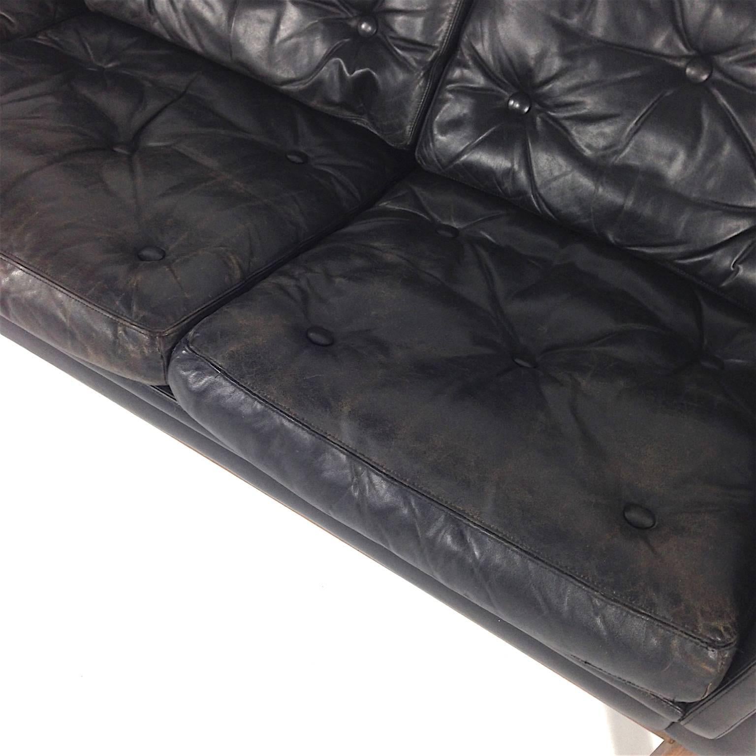 Danish Rosewood Black Leather Three-Seat Sofa, Denmark, 1950s-1960s 4