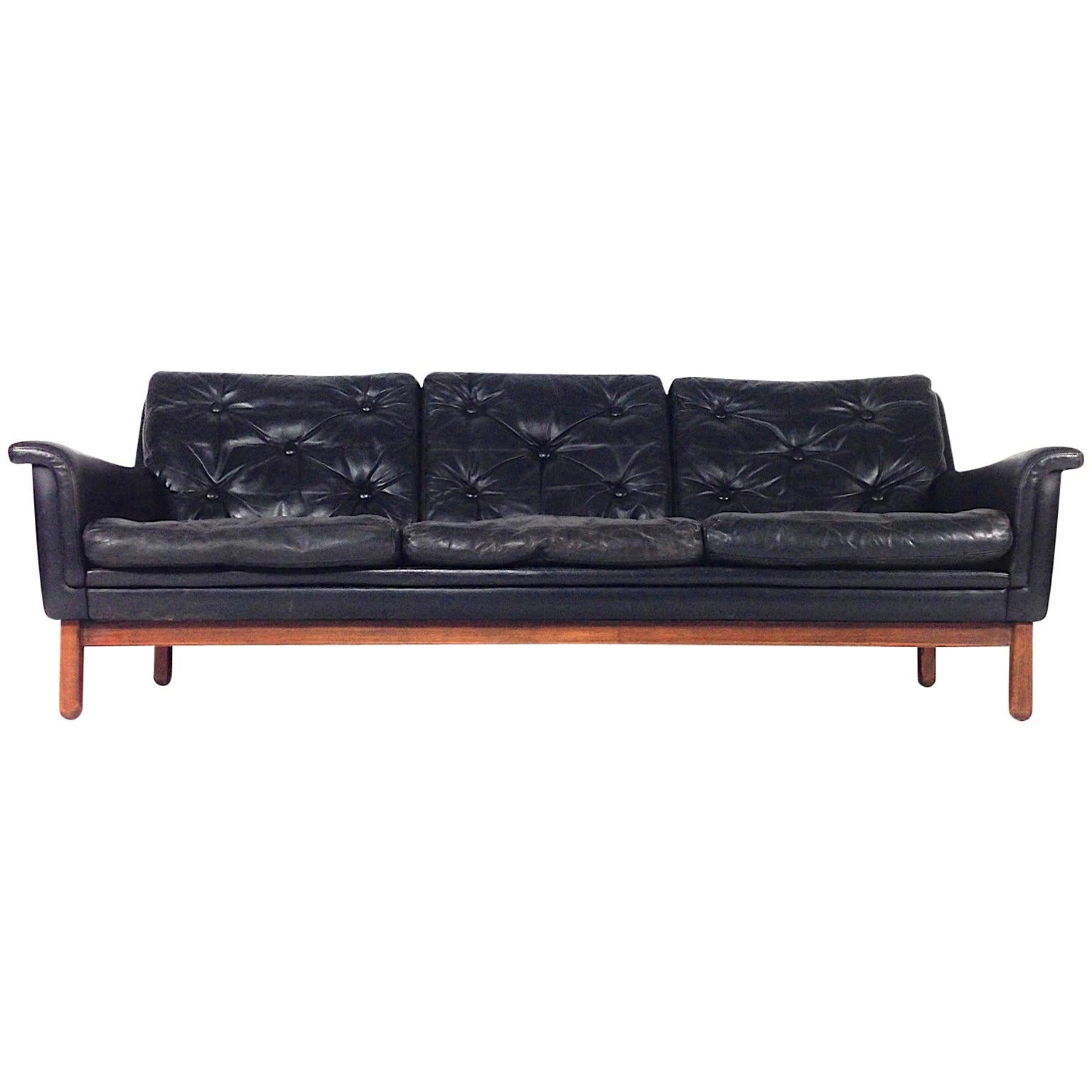 Danish Rosewood Black Leather Three-Seat Sofa, Denmark, 1950s-1960s