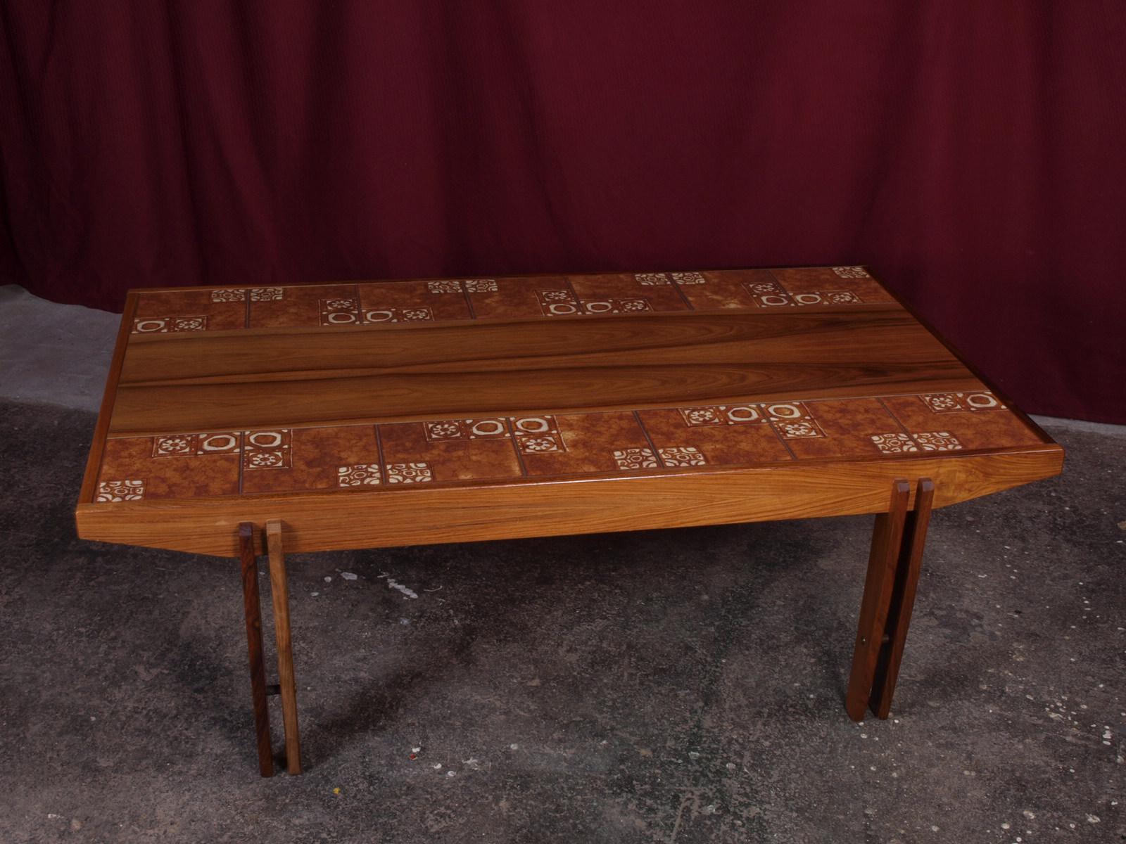 Ceramic Danish Rosewood Coffee Table, Tiles, Vintage 60s 1970s