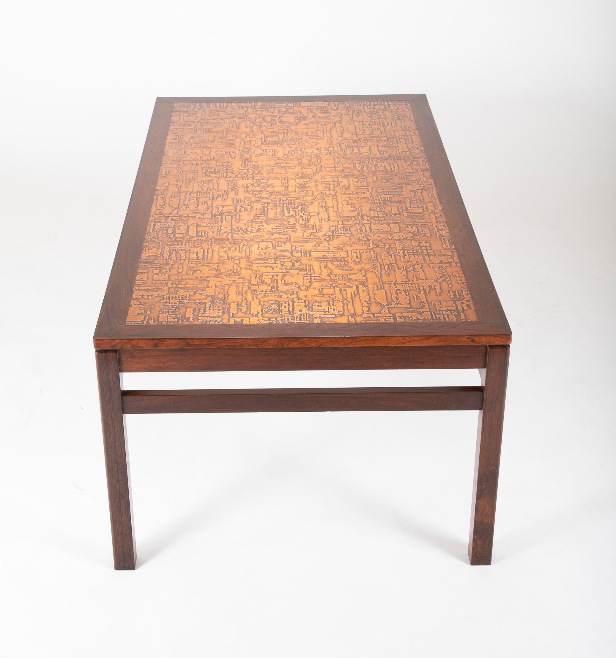 Mid-Century Modern Danish Rosewood Coffee Table with Etched Copper Top For Sale