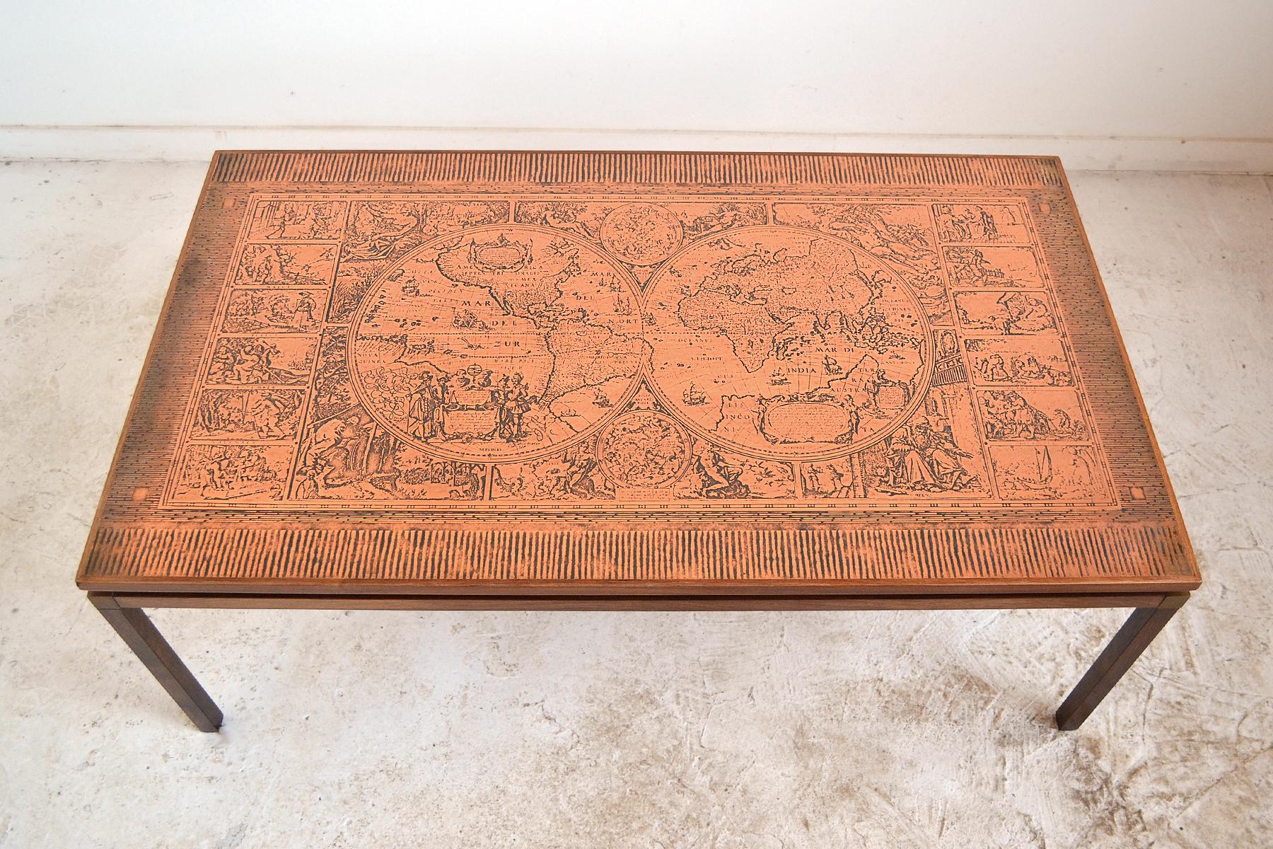 Mid-20th Century Danish Rosewood Coffee Table with Etched Copper Top
