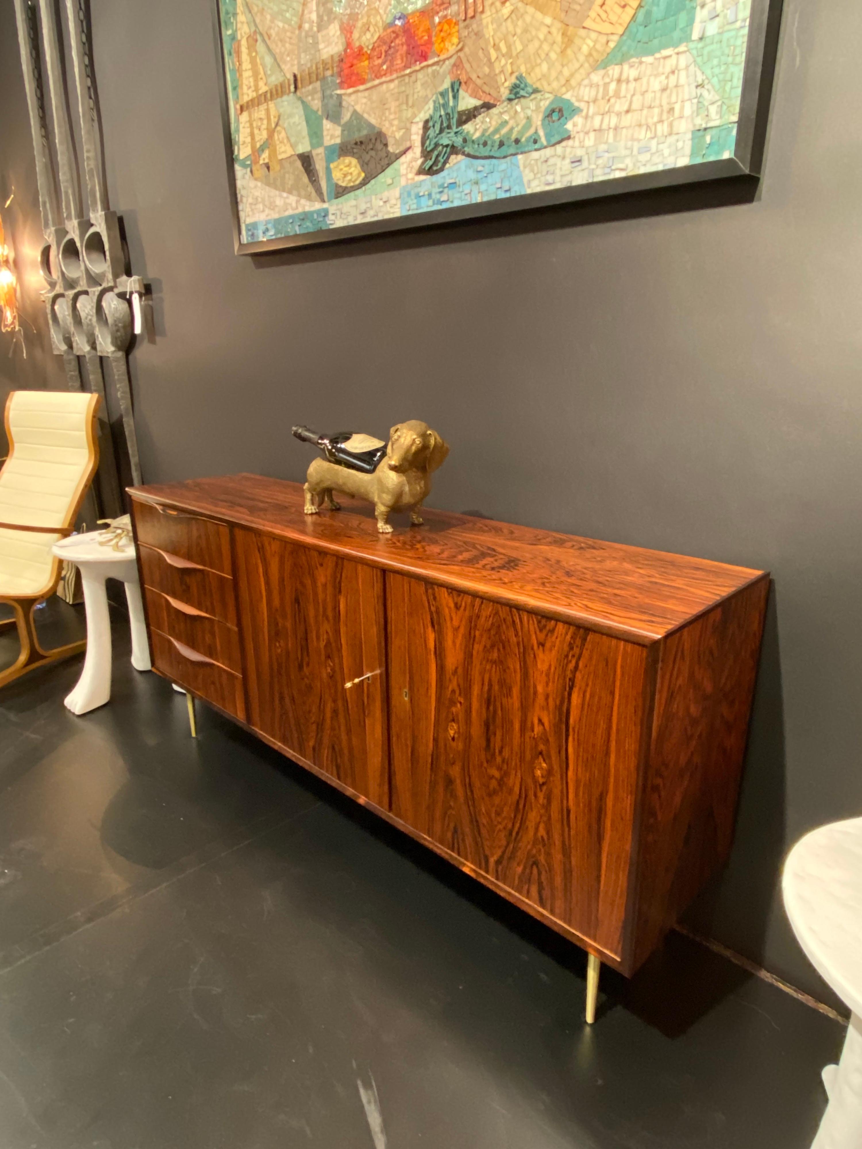Mid-20th Century Danish Rosewood Credenza with Brass Legs
