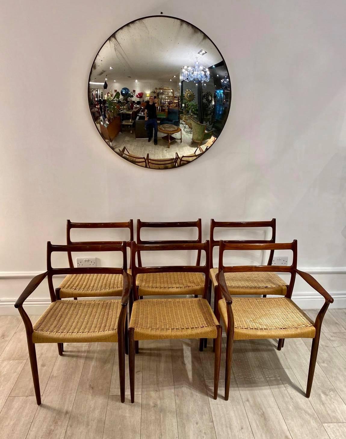 A stunning and extremely rare set of Danish solid rosewood dining chairs with woven string seats.

This set were made by Soren Ladefoged in the 1960s for Danish makers Mobler.

They are in superb condition throughout, the frames are a beautiful,
