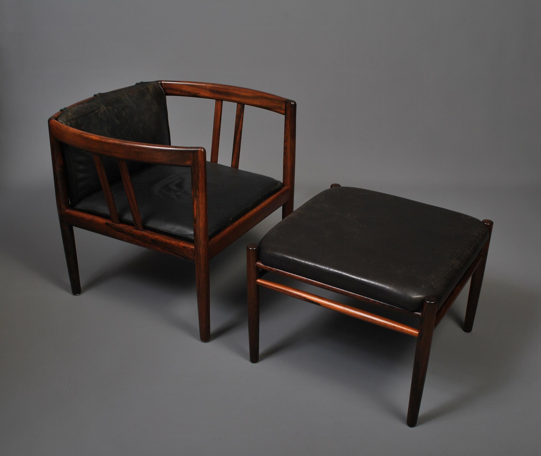 A very rare Danish midcentury chair and ottoman by Illum Wikkeslo and Holger Christiansen. Denmark 1960. Outstanding quality.
Original leather. We can reupholster if required. 

Illum Wikkelsø was trained as a cabinetmaker in 1938, and graduated
